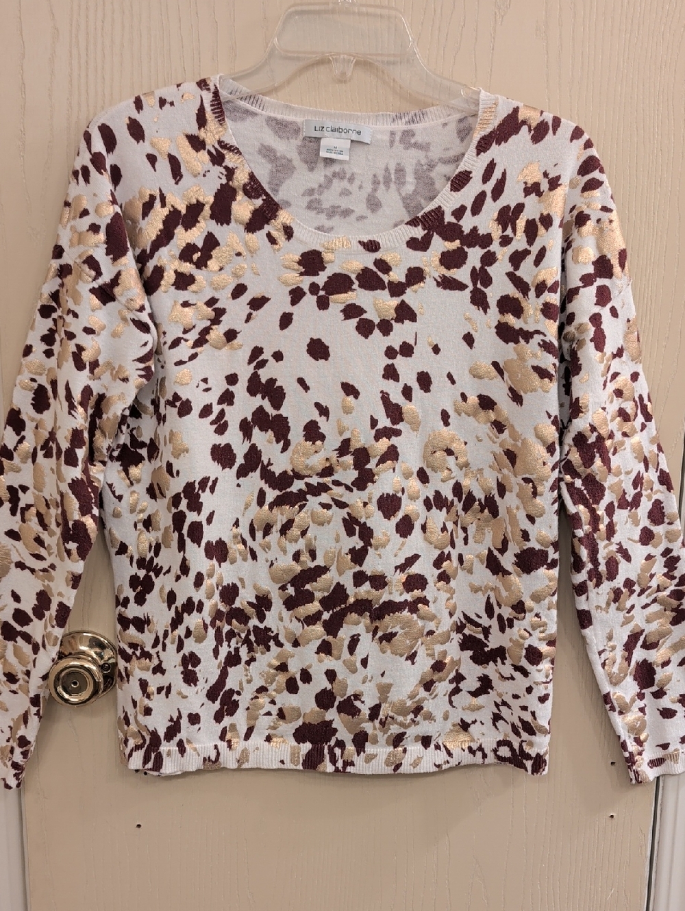 Liz Claiborne Metallic Leopard Print Sweater Size M | Ivory Gold Brown Knit Top